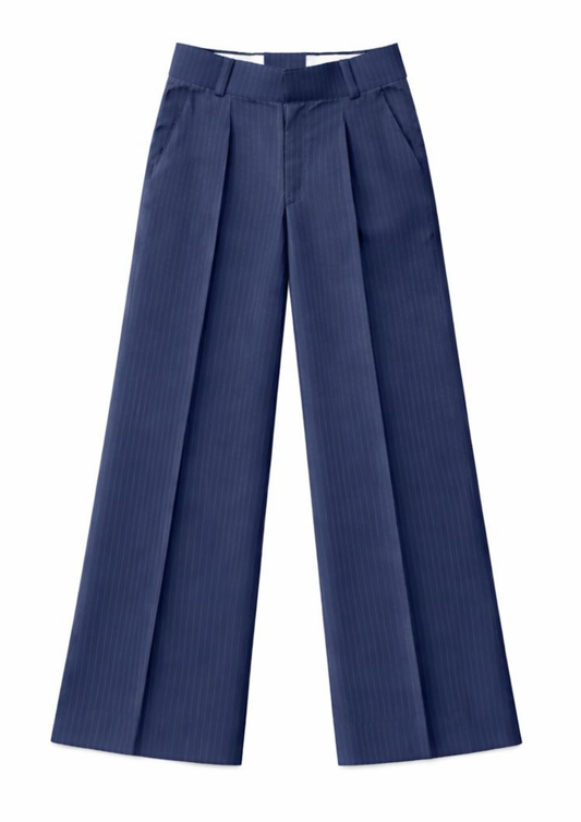 MEN'S NAVY BLUE STRIPE STRAIGHT FIT SINGLE PLEATED TROUSER